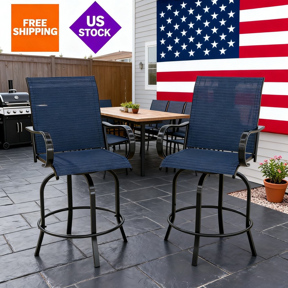 Outdoor Swivel Bar Stools Set of 2, Bar Height Patio Chairs with High Back & Arm