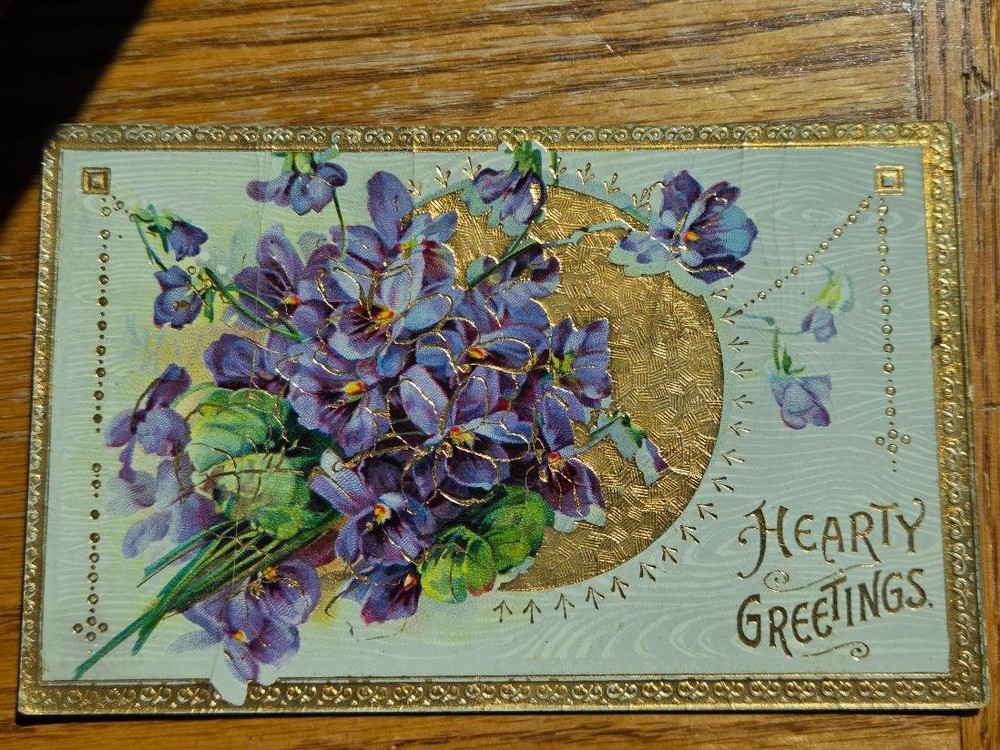Antique Hearty Greetings Purple Violets Gold Embossed 1900s Post Card