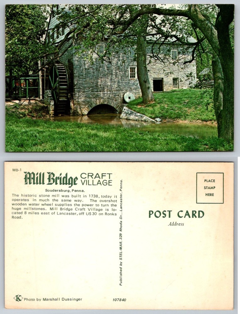 Mill Bridge Craft Village Soudersburg Penna. Historic Stone Water Mill Postcard