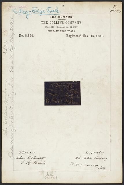 1881 The Collins Company BxSwift Trademark Registration Certain Edge Tools