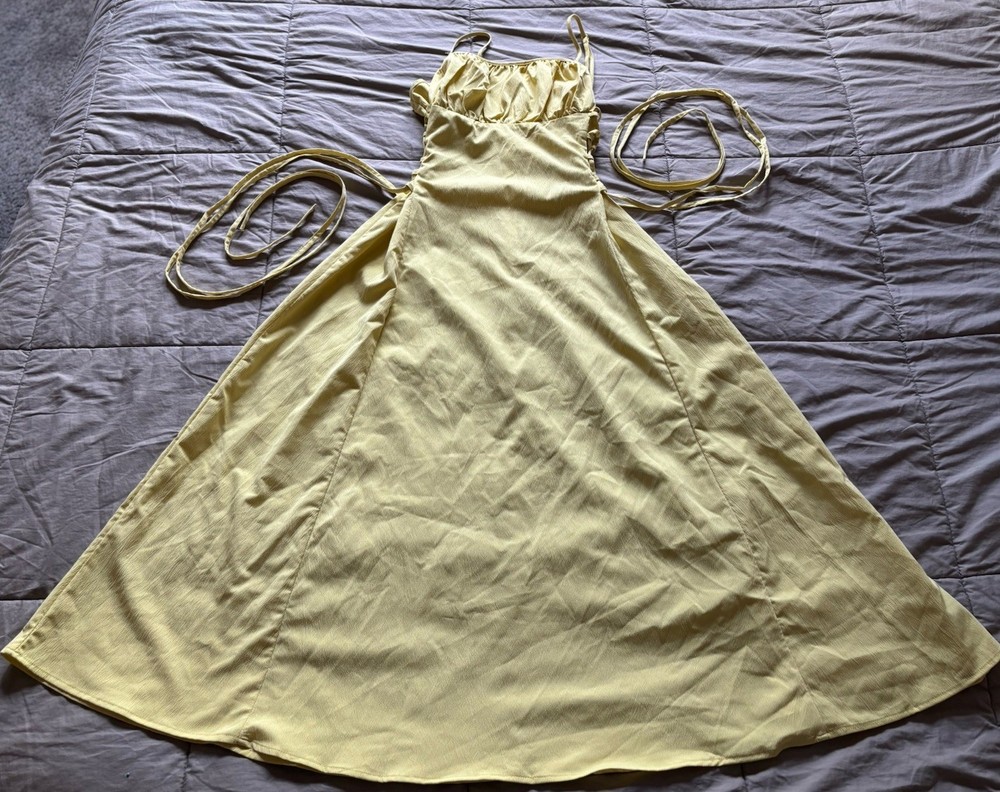 SHEIN Womens Petite L Yellow 2-Piece Halter Top & Pants Set Ruffle Drawstring