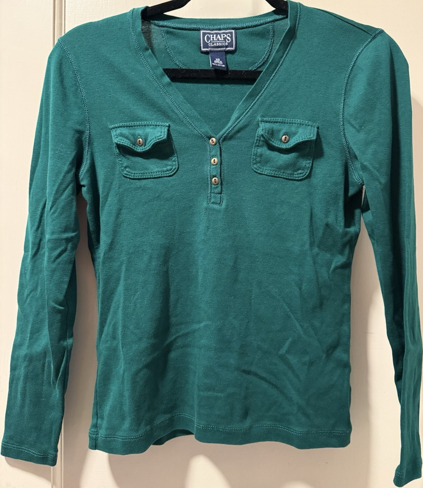 Chaps Women's Green Knit 100% Cotton Button Pocket Long Sleeve Top Size XS
