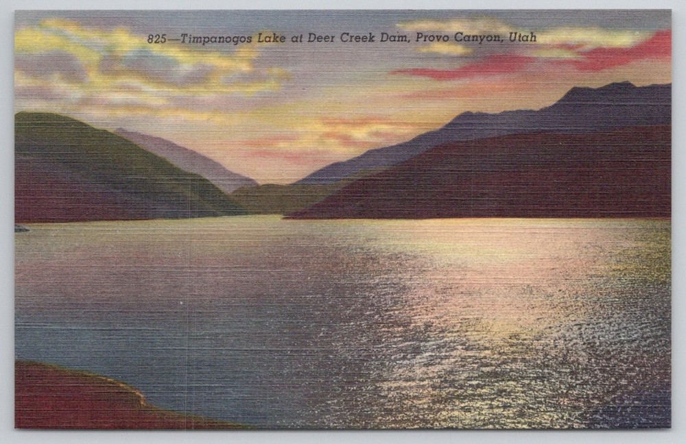 Vintage Utah Postcard Timpanogos Lake Deer Creek Dam Provo Canyon Linen 1945