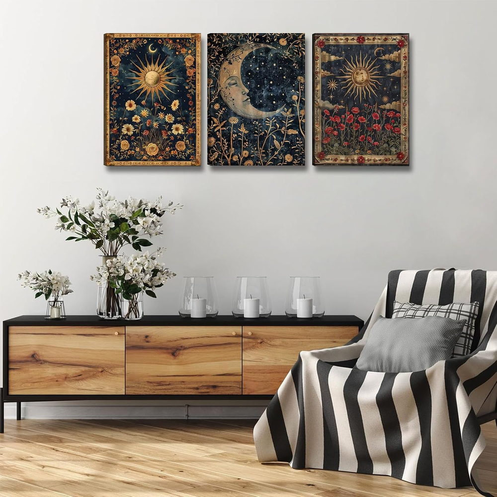 3Pcs Sun Moon Celestial Canvas Wall Art Tarot Decor Crescent Boho Aesthetic