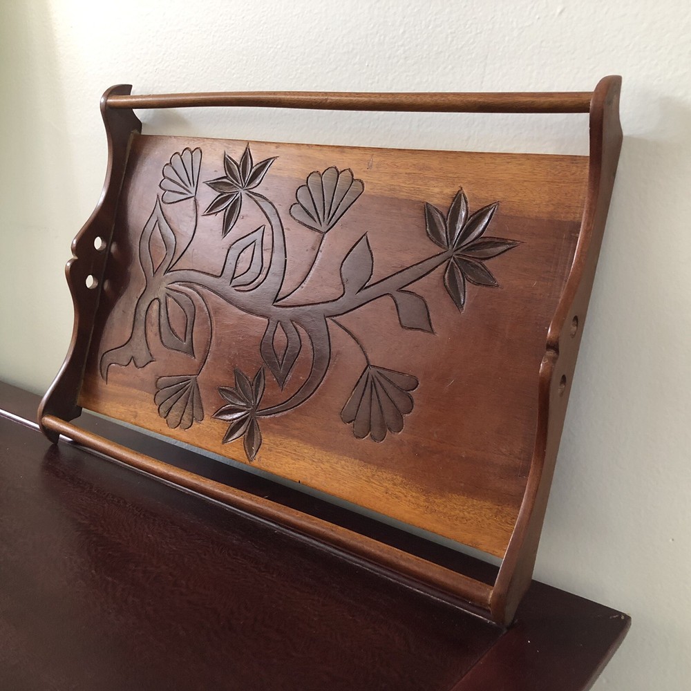 Vintage Hand Carved Wooden Serving Tray Floral Design Handles