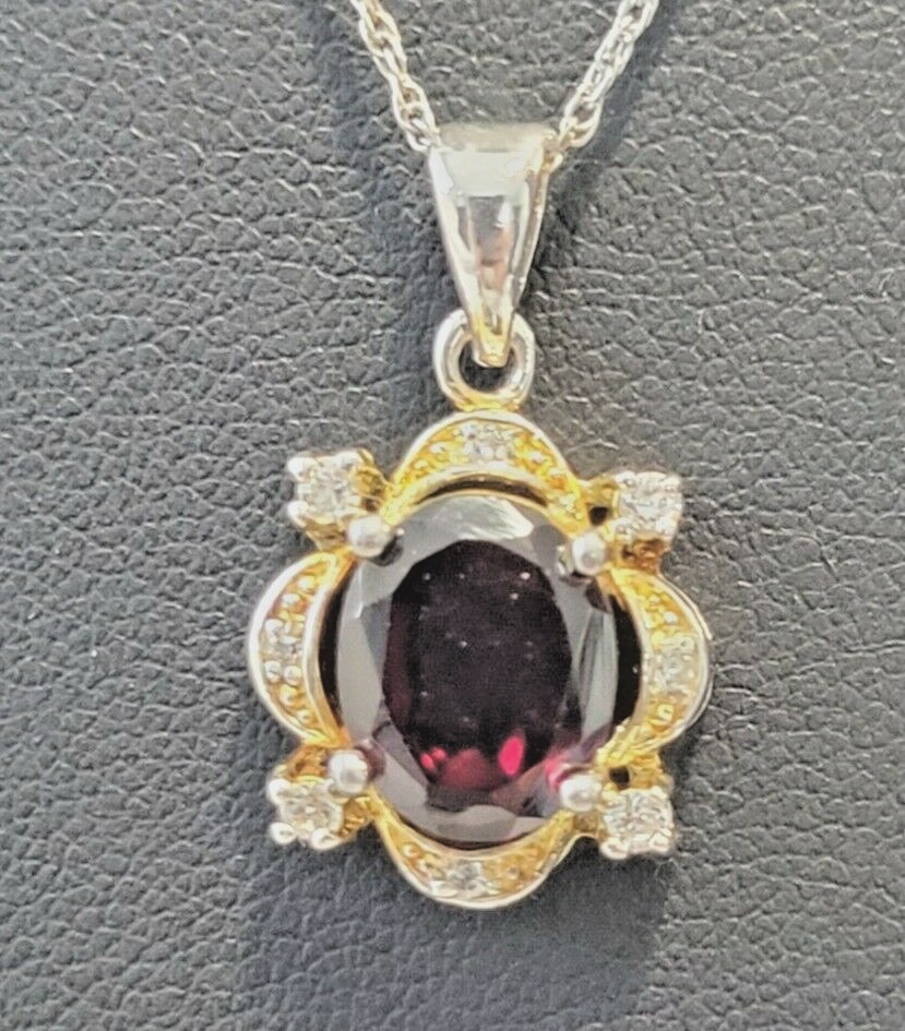 JC Sterling Silver Oval Garnet & CZ Quatrefoil Necklace 18 Inch January Birthstone 4264