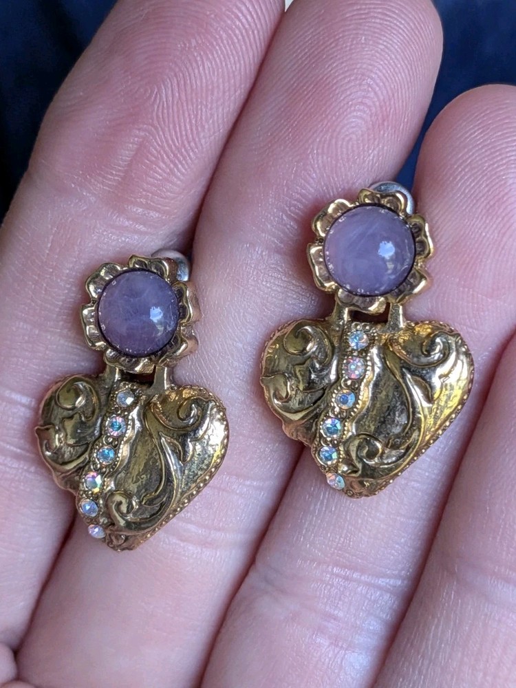 Vintage Style Gold Tone Purple Cabochon AB Rhinestone HEART Drop Post Earrings