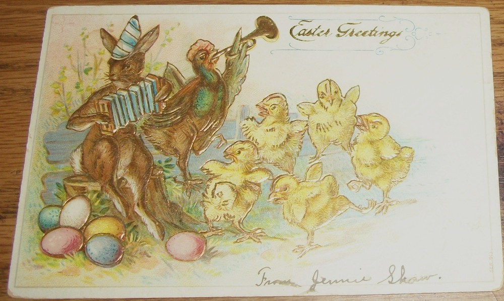 1910 Easter Anthropomorphic Bunny/Rooster Playing Instruments Postcard T1