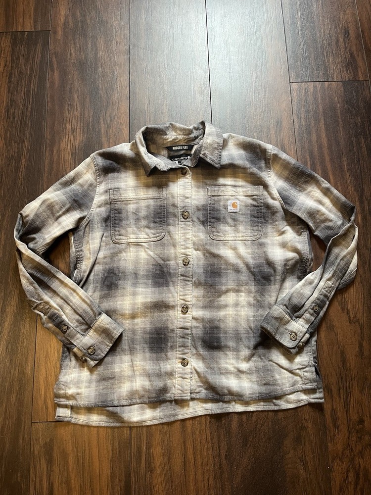 Carhartt Rugged Flex Plaid Button Up Shirt Womens Medium Gray Loose Fit