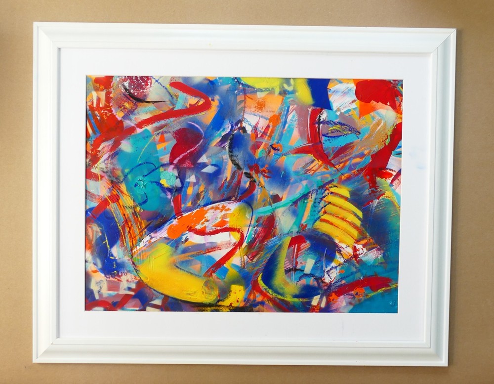 Modern art abstract acrylic painted gallery finished with frame ready to hang-image