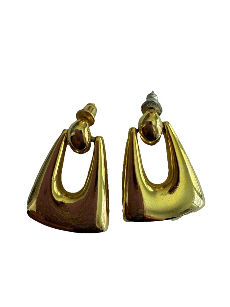 Vintage Monet Gold Tone Door Knocker Pierced Earrings Geometric Trapezoid 80s