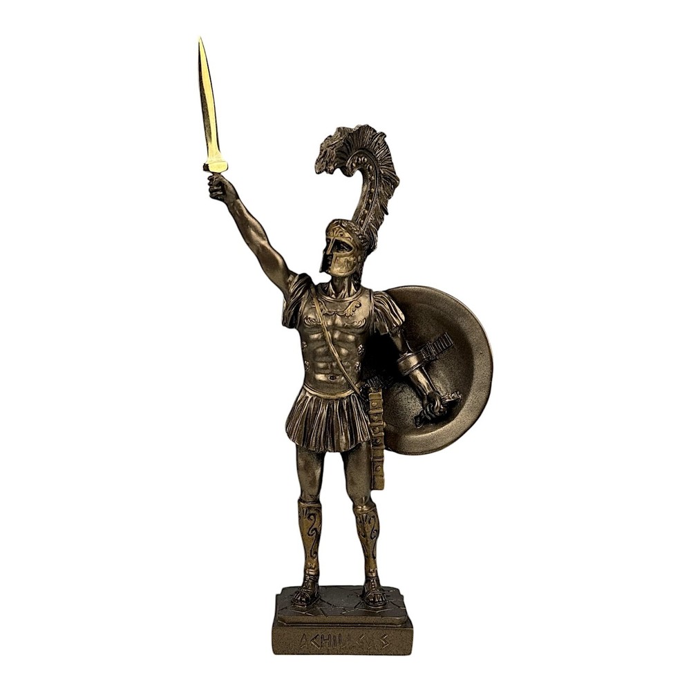 Achilles Trojan War Hero King with Shield Sword Statue Sculpture Bronze Color-image