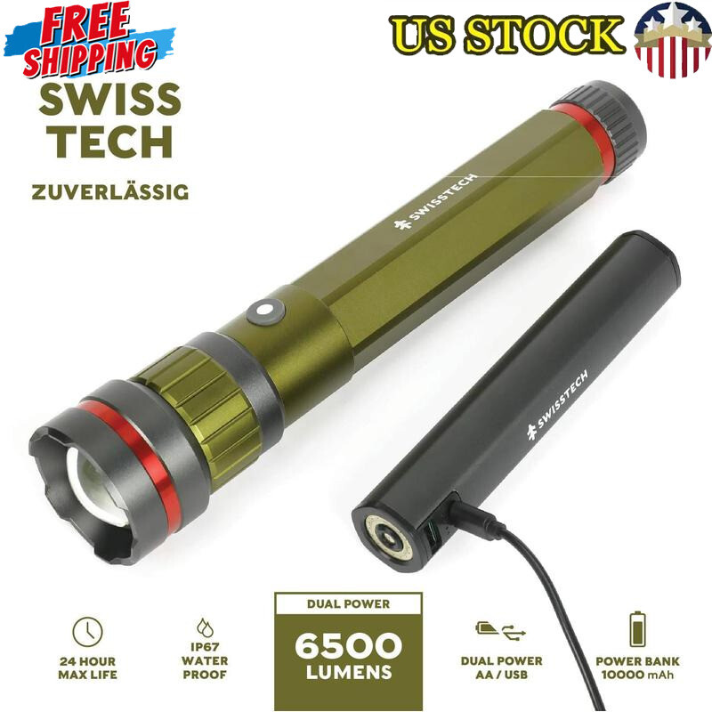 6500 Lumen Rechargeable LED Flashlight Dual Power IP67 Waterproof Power Bank New