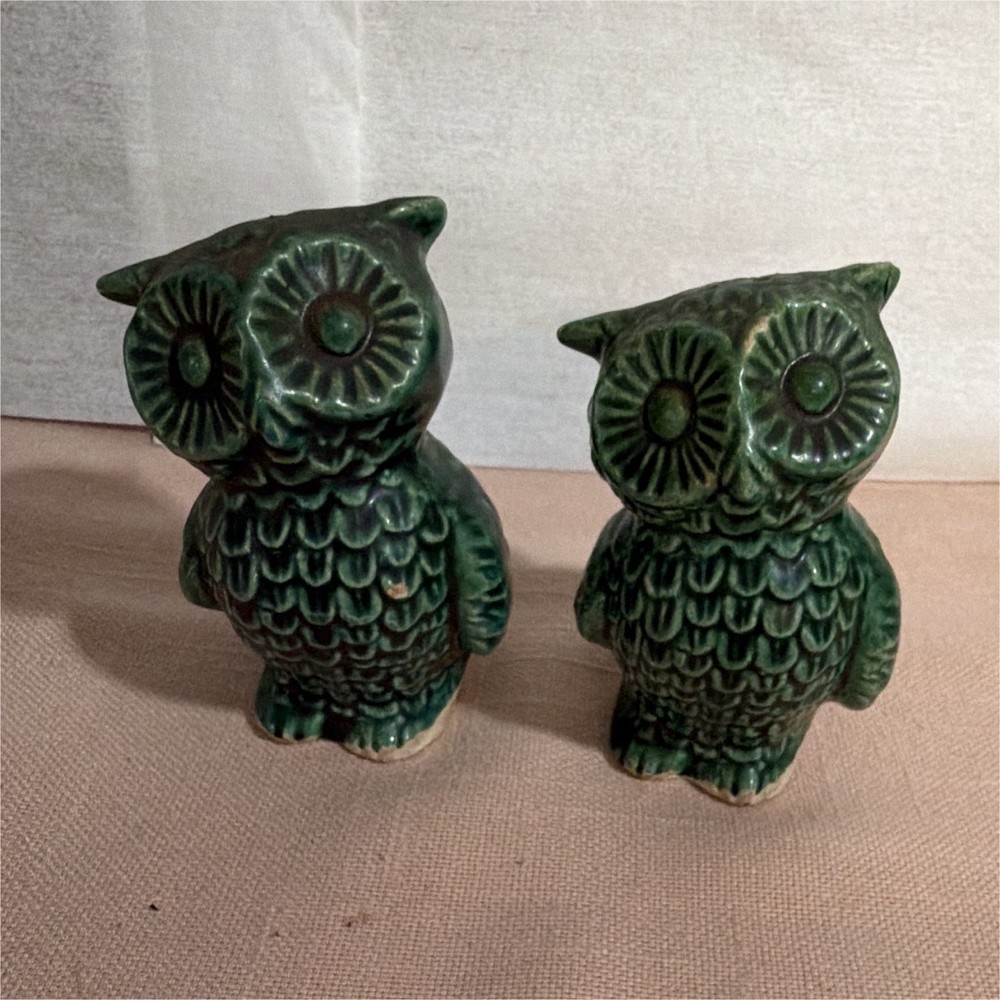 Green Ceramic Owl Salt & Pepper Shakers Set of 2 Refillable Novelty Animal