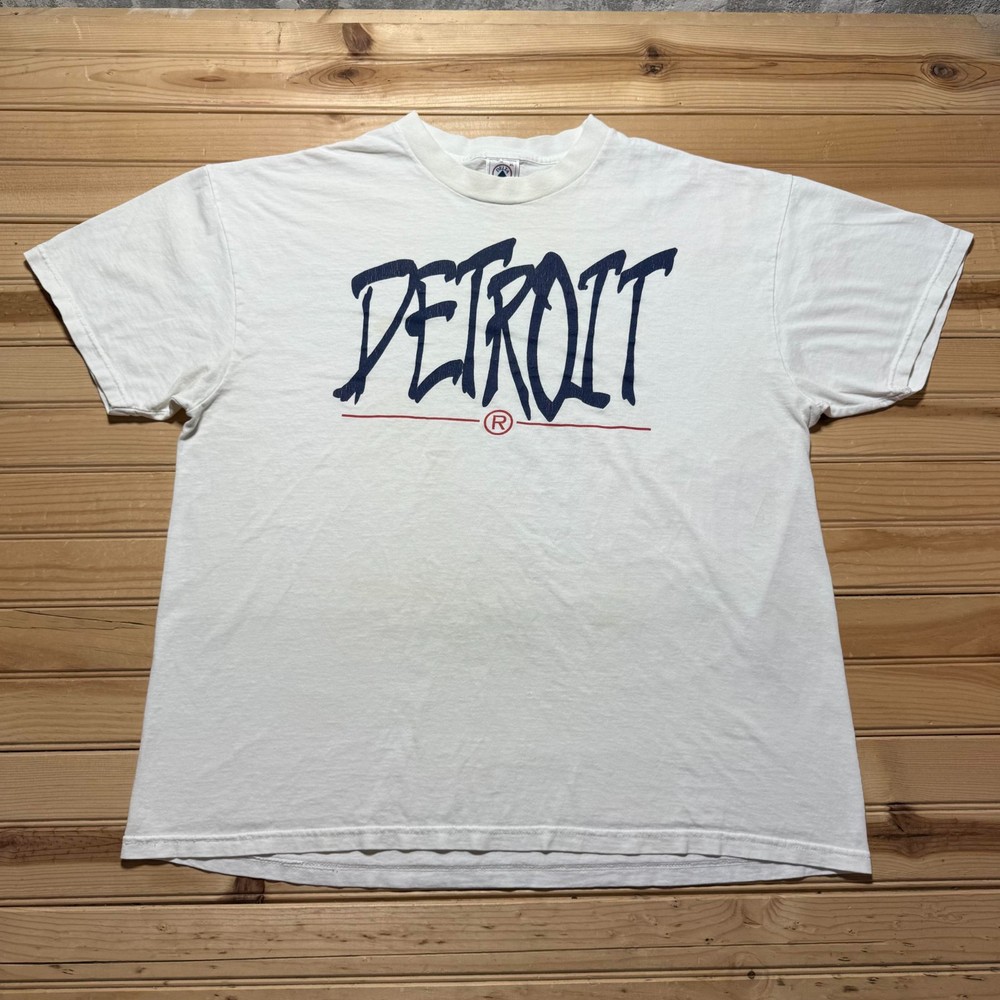 Vintage 90s Y2K Detroit Motor City Script Logo Crewneck Short Sleeve Shirt XL