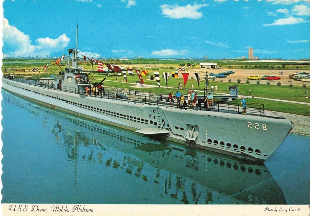 Mobile AL, USS Drum US Navy Submarine 228 Side View, Vintage Scalloped Postcard