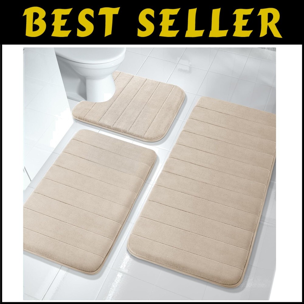 3-Piece Beige Memory Foam Bath Rug Set – Ultra-Soft Absorbent Non-Slip