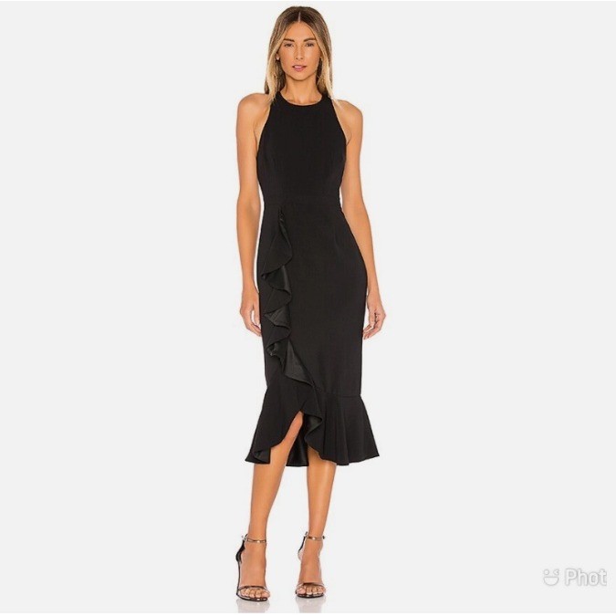 NWOT Likely Tay Dress Black Ruffle Midi Sleeveless Bodycon Sz 2