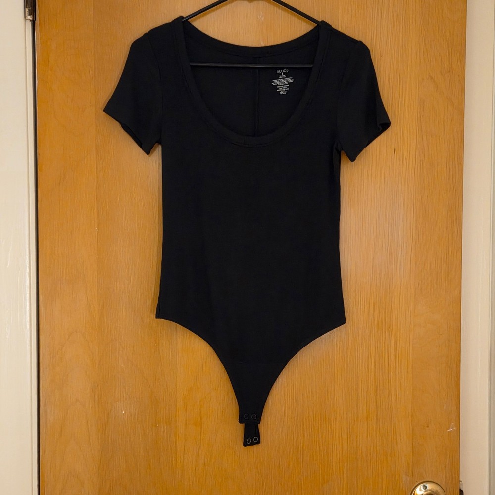 Nuuds Short Sleeve Bodysuit Womens S Black Ribbed Modal Stretch Minimalist Goth