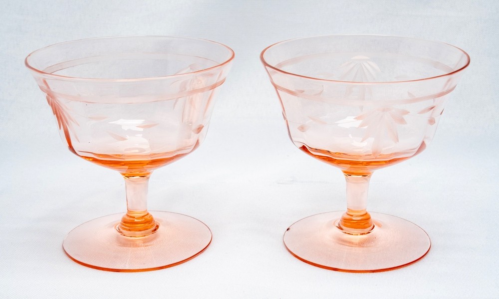 Vintage 1930s Pink Depression Era Etched Floral Sherbet Glasses Set of 2