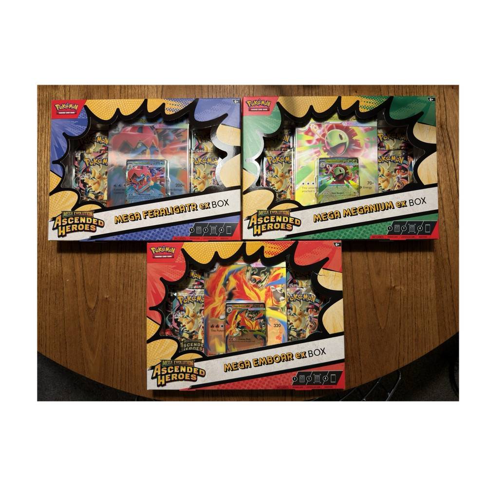3 Pokemon TCG Ascended Heroes Mega ex Box Bundle Feraligatr Emboar Meganium New