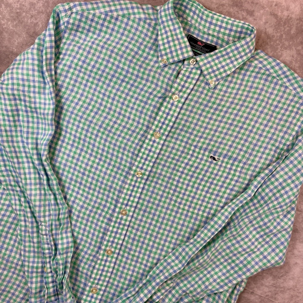 Vineyard Vines Button Down Shirt Men’s XL Green Plaid Classic Fit Tucker Linen