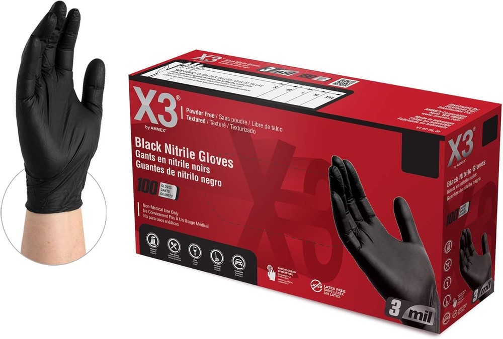 Black Nitrile Industrial Gloves - Medium, Pack of 100 - X3 Heavy Duty