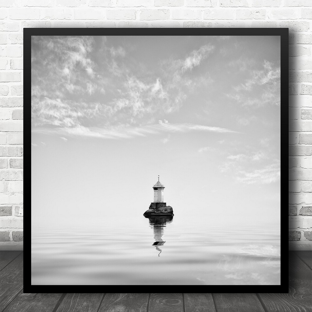 Lighthouse In Mist Landscape View Reflection Ocean Square Wall Art Print