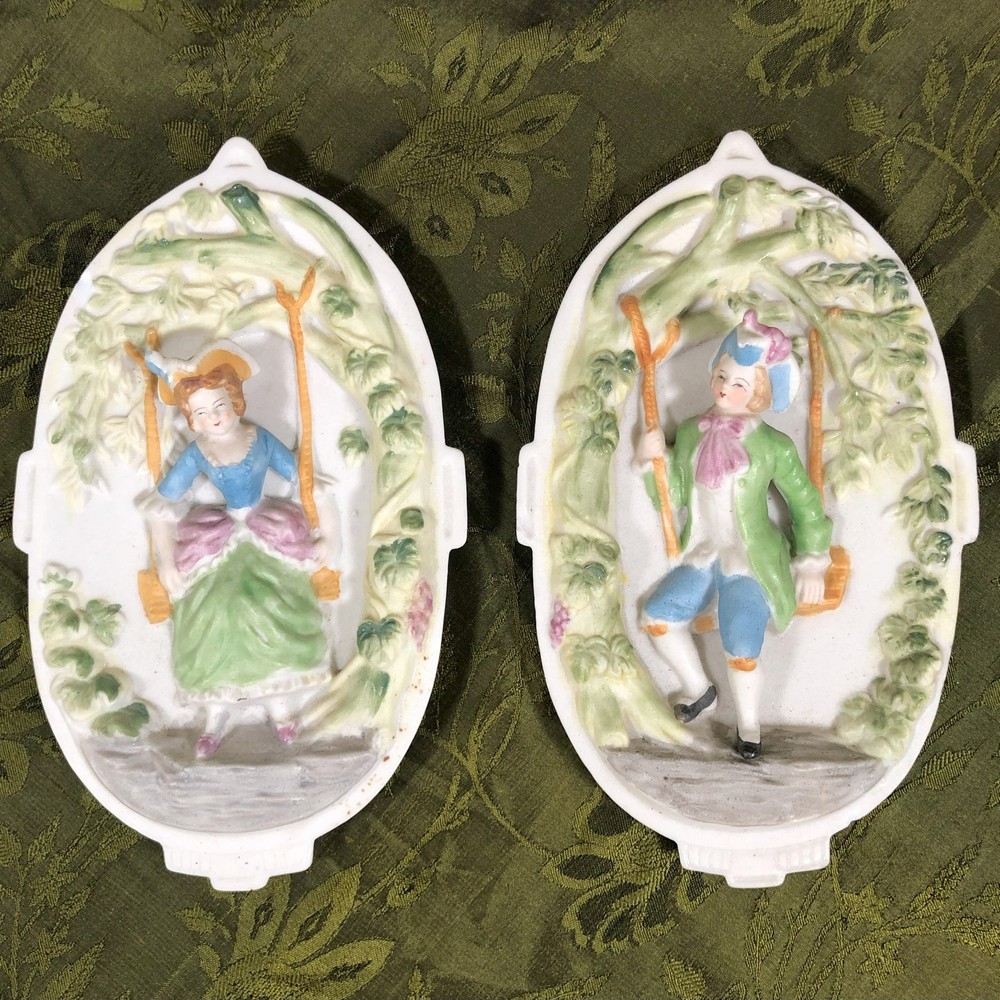 VTG Chase Victorian Couple Swings Wall Plaques Bisque Porcelain Occupied Japan