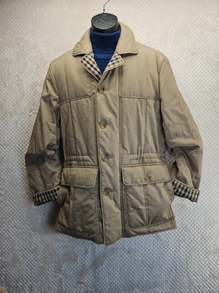 Aquascutum Men's Quilted Coat Club Check Lining Waterproof Denim Rare Sz 38 VGUC