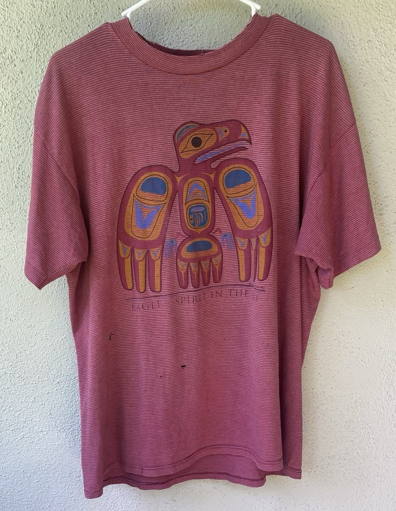 Vintage Miller Men's Red Striped Eagle Graphic Cotton Blend Crew Neck T-Shirt L