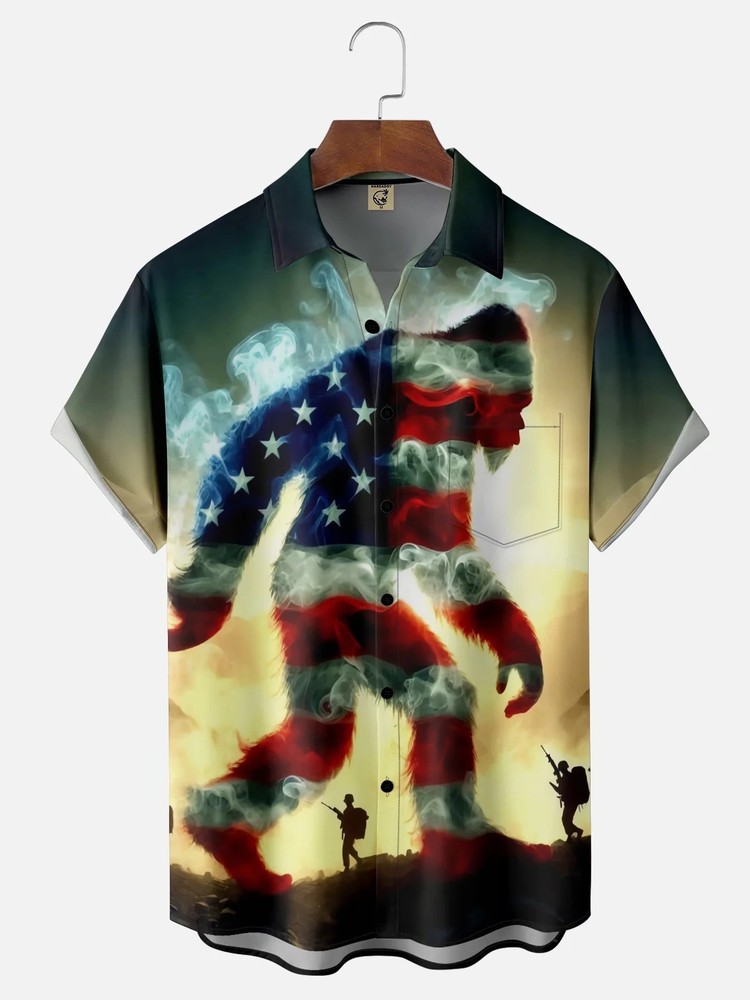 American Flag Gradient Bigfoot Independence Day Chest Pocket Hawaiian Shirt