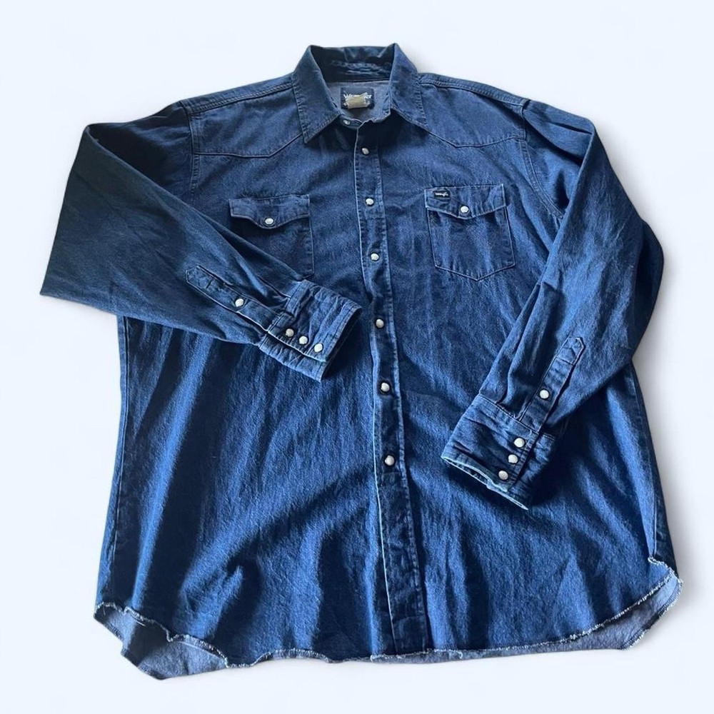 Wrangler L Blue Denim Cotton Long Sleeve Shirt 80s Vintage Pearl Snap