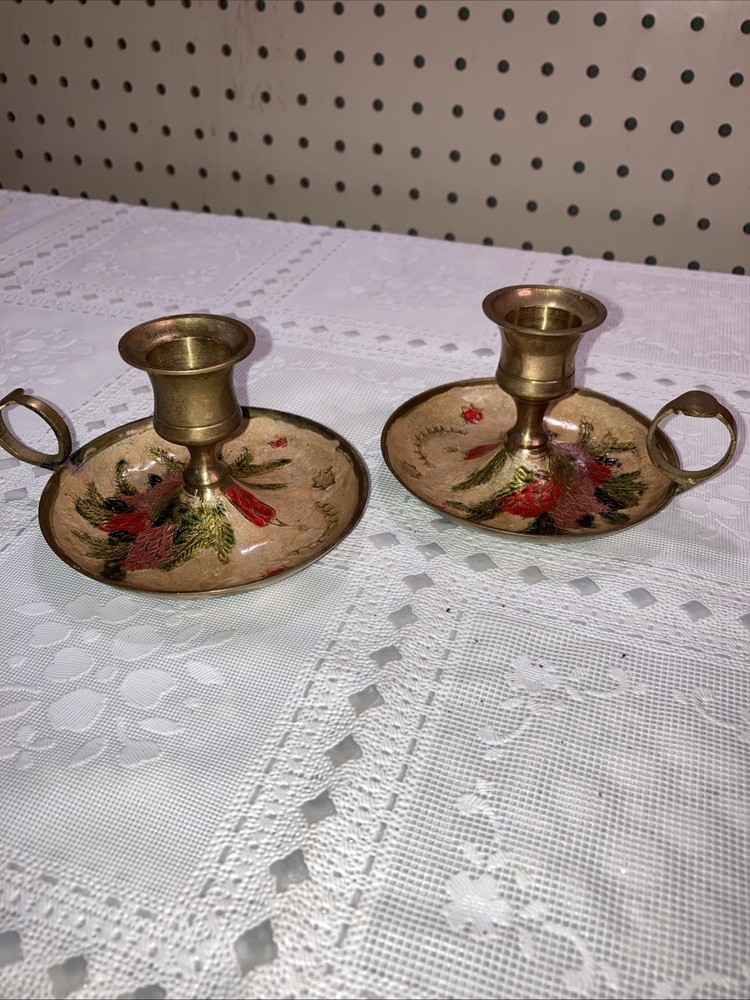 Vintage Solid Brass Chamberstick Candle Holder Enamel Painted Floral Pattern (2)