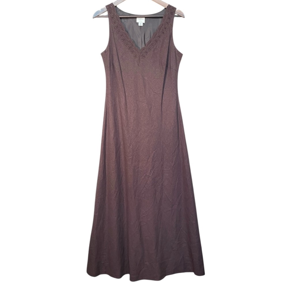 Emma James Maxi Dress Women Size 10 Brown Lined Sleeveless Linen Lace Detail