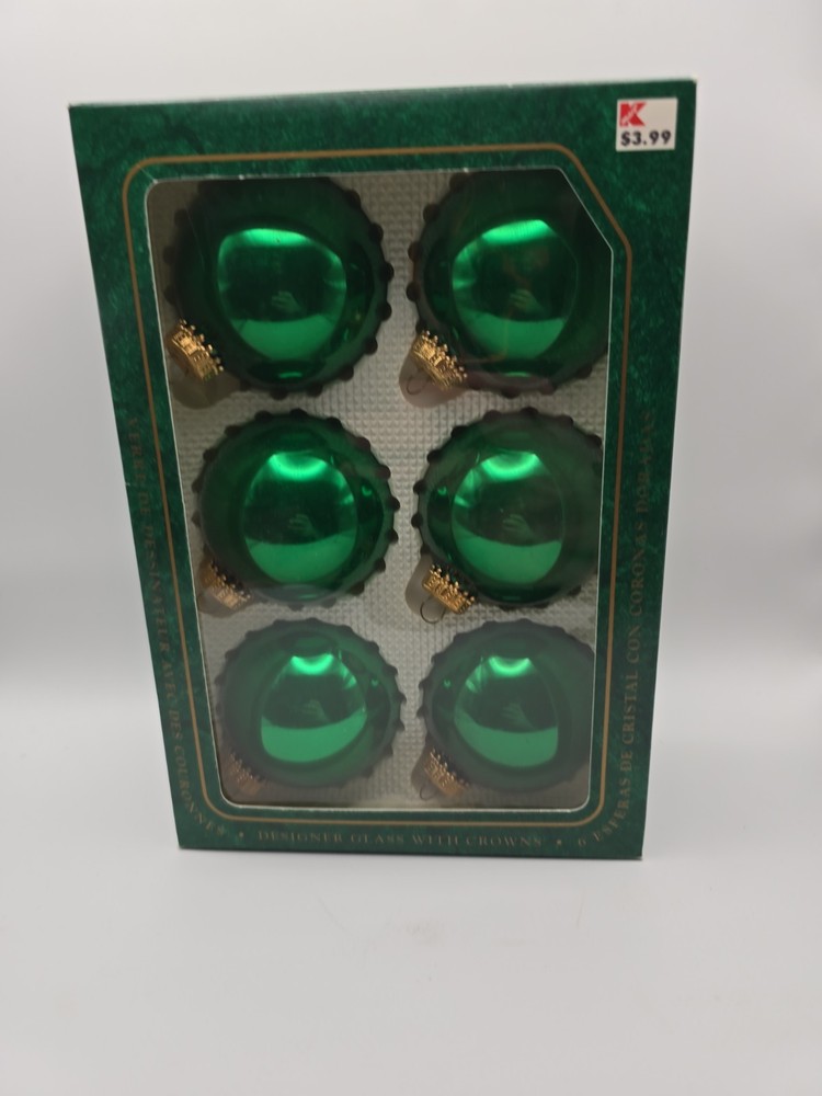 Vintage Christmas by Krebs 6 Green Glass Ball Ornaments Made in USA