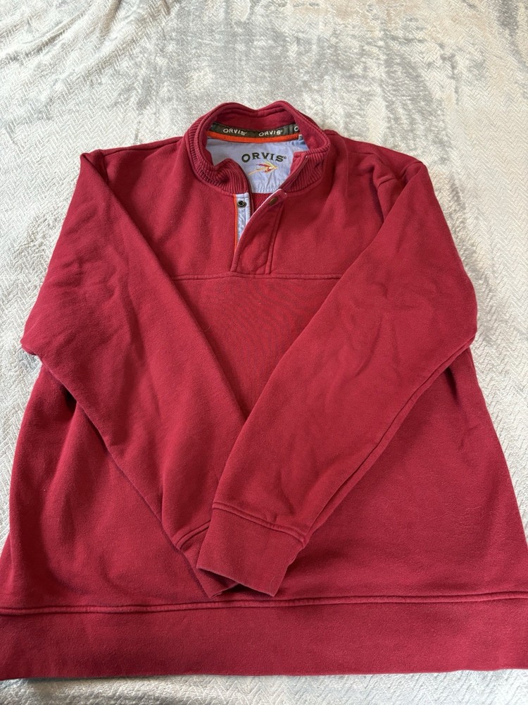 Orvis Sweater Mens XL Red Quarter Zip Snap Button Pull Over Long Sleeve