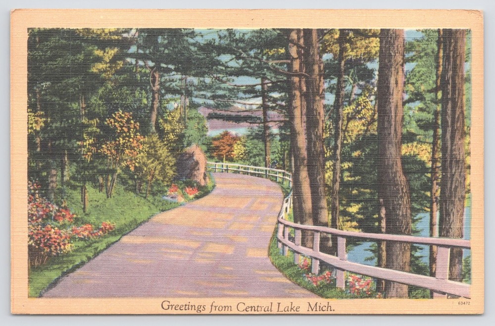 Linen~Greetings From Central Lake Michigan~Scenic Road View~PM 1955~Vintage PC