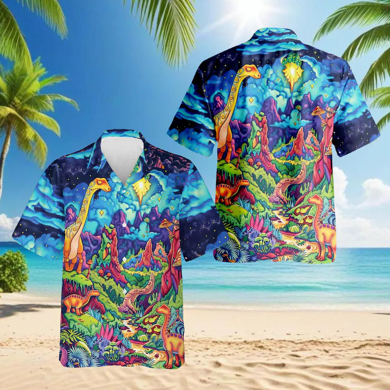 Dinosaur Hawaiian Shirt Men Tropical Beach Aloha Summer Dino Print