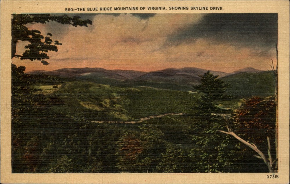 Blue Ridge Mountains Virginia sunset skyline drive 1949 vintage linen postcard