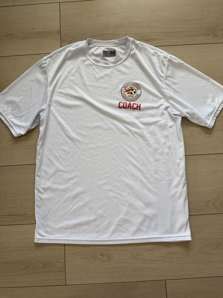 A4 Men's Short Sleeve White Polyester Eastchester Soccer Coach T-Shirt Size L