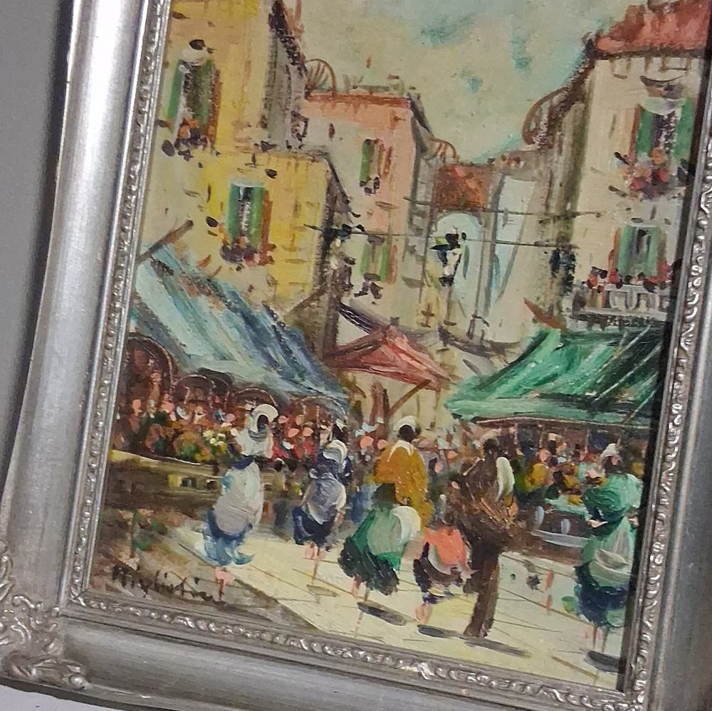 Signed Framed Original Oil Painting Cityscape Market Architecture marvelous