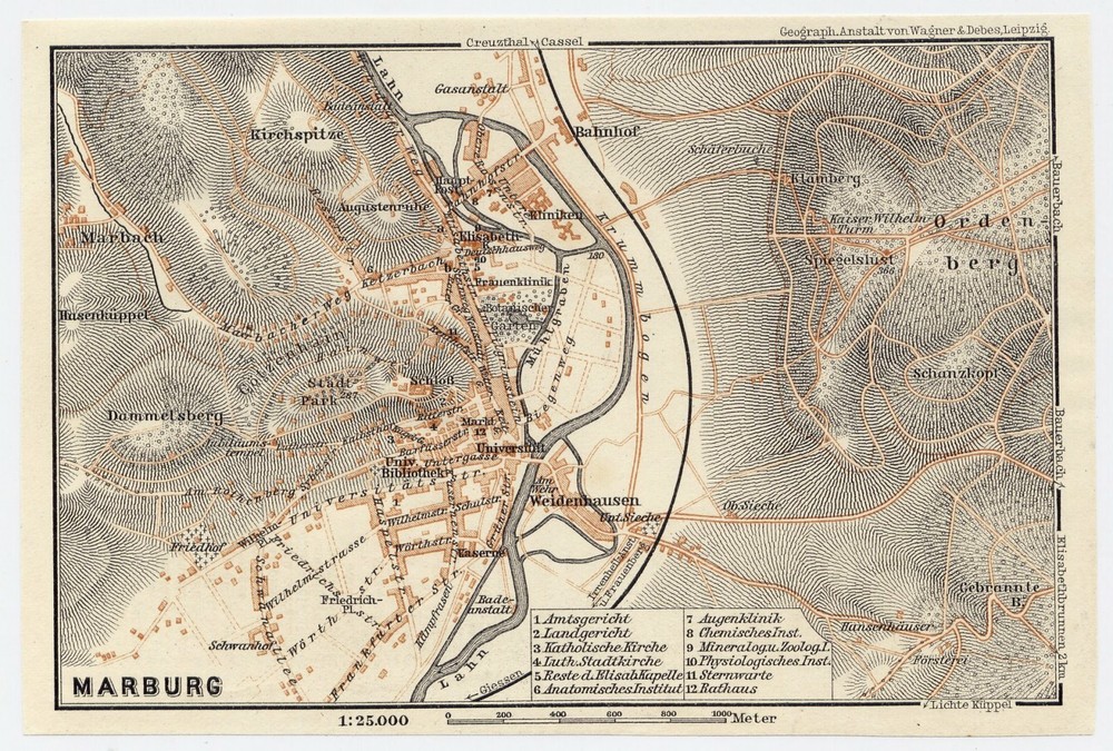 1900 Original Antique Map Of Marburg / Hessen Hesse Germany