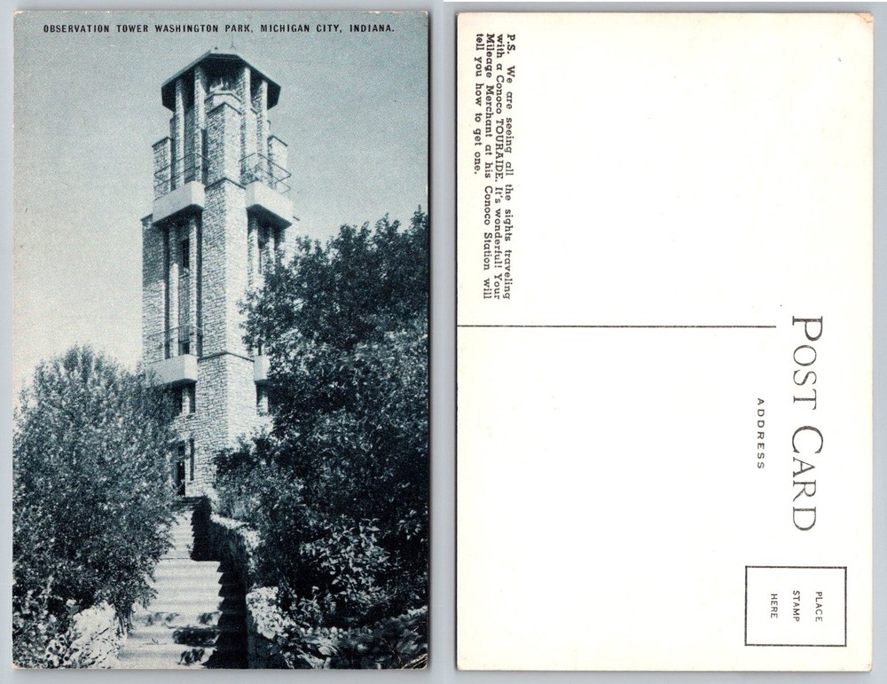 Conoco TOURIDE Observation Tower Postcard Washington Park Michigan City Indiana