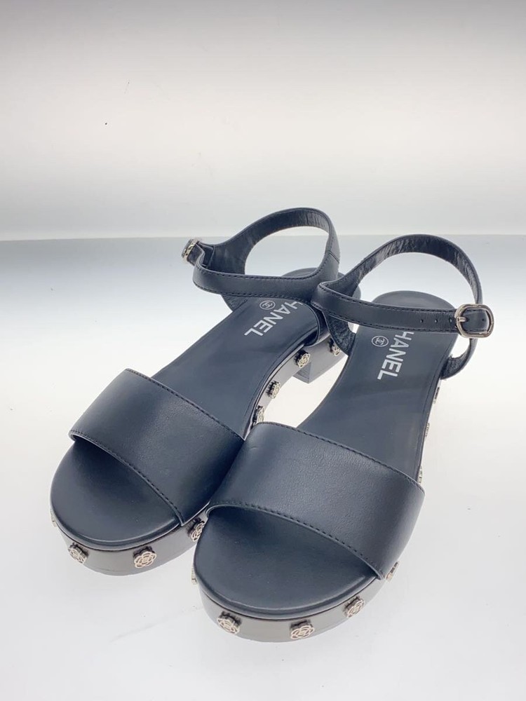 Authentic CHANEL Platform Sandal Ankle Strap Camélia EU 38.0 Black Leather Used