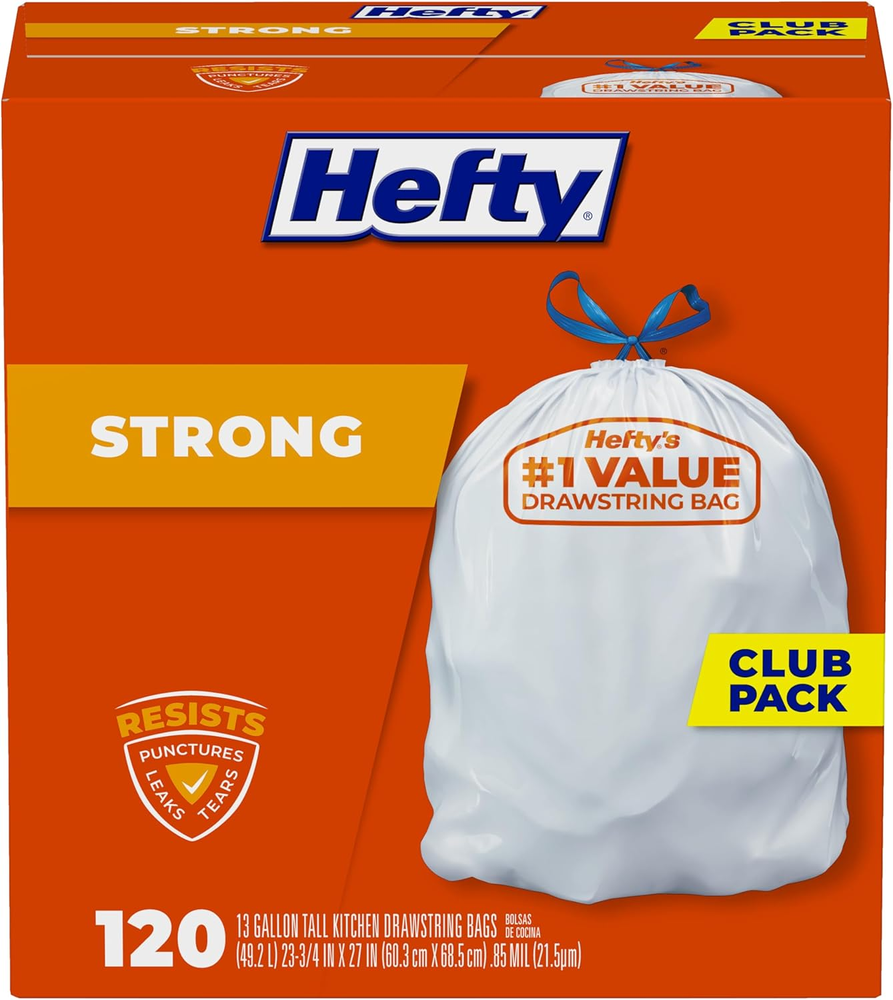 Strong White 13 Gallon Trash Bags with Drawstrings, Unscented Tall Kitchen Trash