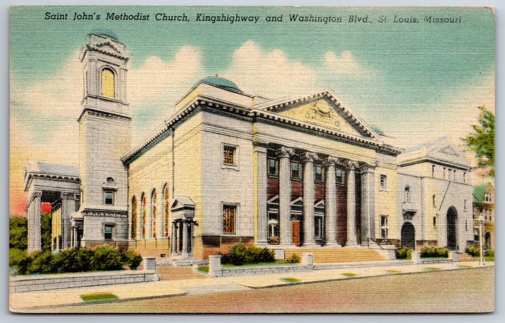 St Louis Missouri~St Johns Methodist Church Street View~PM 1949~Linen Postcard