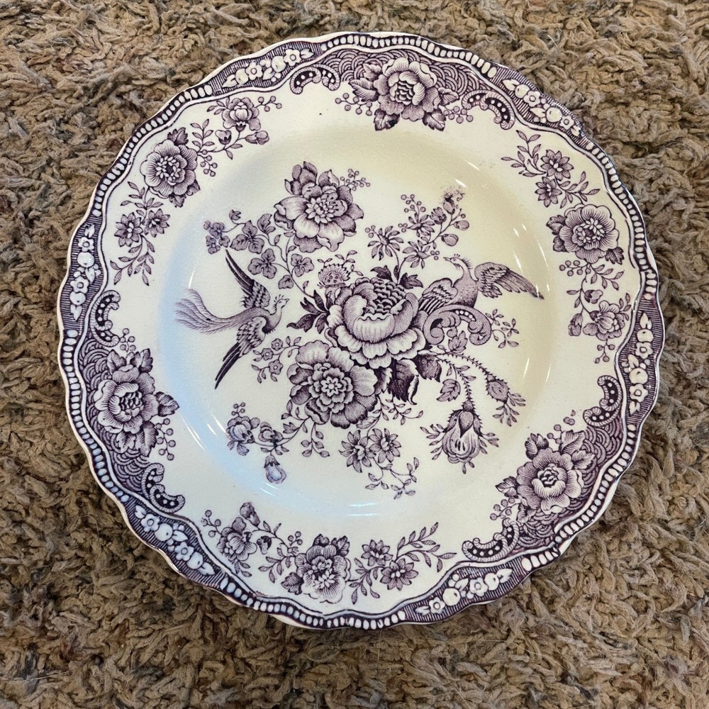 Crown Ducal Bristol Purple Transferware Plate Floral Bird Scallop 6.25