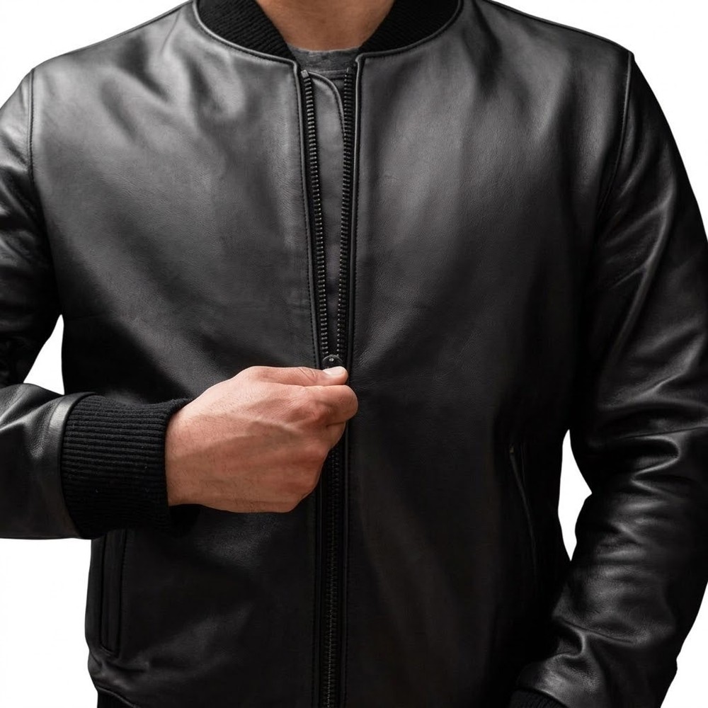 Men’s Black Leather Bomber Jacket Real Lambskin Varsity Style Classic Outerwear
