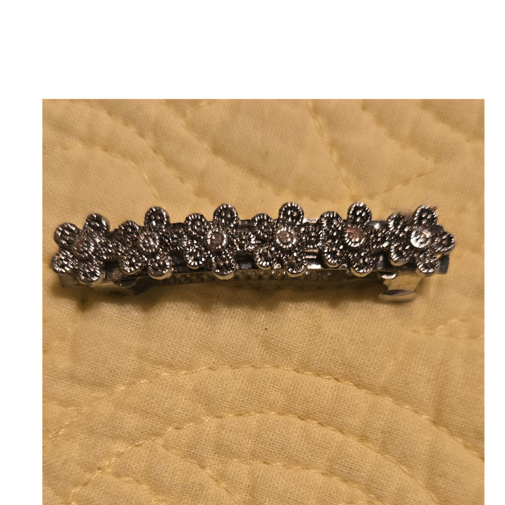 Silver Barrette Hair Clip Metal Floral Flower Accent for Women